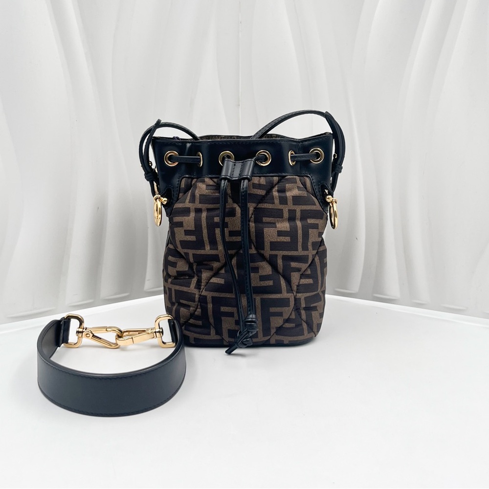 FENDI Mon Tresor Mini Bucket Bag Brown Quilted FF Logo Canvas